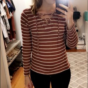 Red and white striped laced front sweater